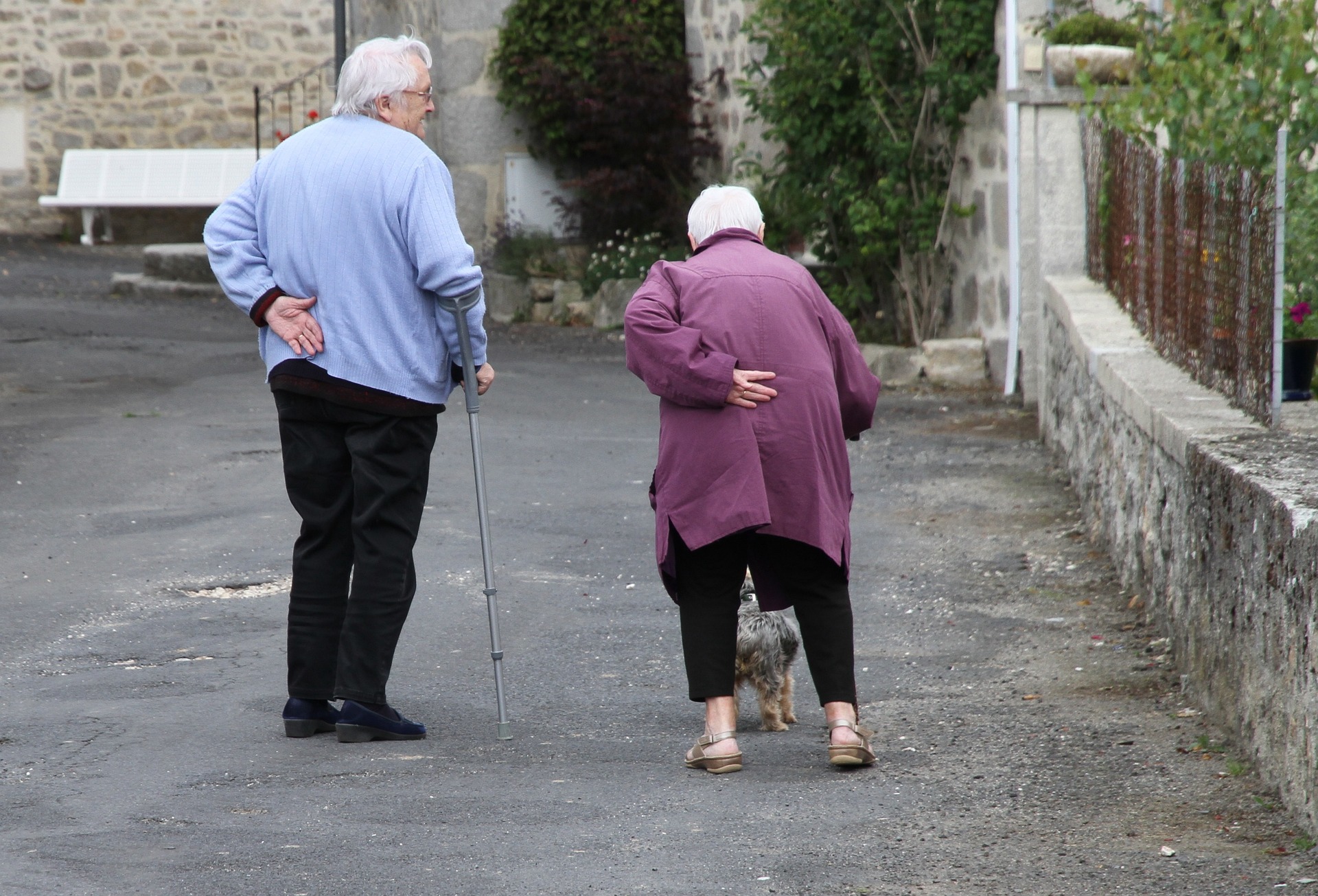 Elderly couple walking together on a street, with one using a cane and the other slightly bent over, accompanied by a small dog, illustrating companionship and mobility support for seniors.