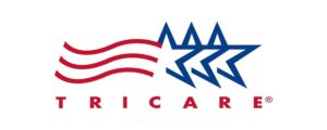 TRICARE logo featuring three blue stars and red wavy lines, representing authorized services for military families and veterans.