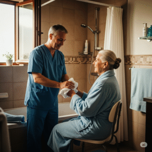Caregiver assisting elderly woman with personal hygiene in a bathroom, emphasizing compassionate home care services in Bellaire, TX.