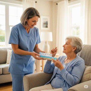 Caregiver assisting senior woman with medication management, showcasing pill organizer and providing support in a home setting, emphasizing health and safety in Bellaire, TX.