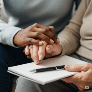 Hands of caregiver and senior holding each other, symbolizing support and compassion in in-home care services in Houston.