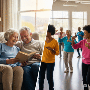 Elderly couple reading together and seniors participating in a joyful exercise class, illustrating companionship and active lifestyle in senior care.