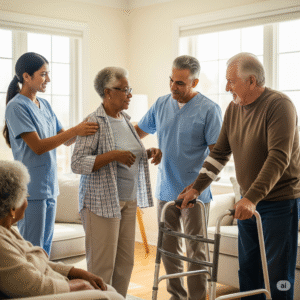 Caregivers assisting elderly individuals in a home setting, emphasizing personal care support in Bellaire, TX.