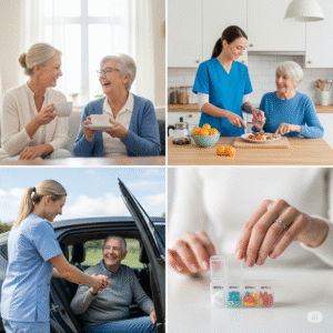 Compassionate caregivers providing personalized home care, including companionship, meal preparation, and medication management for seniors.