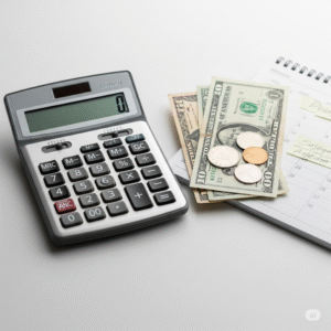Calculator with cash and coins beside a notepad, symbolizing budgeting for home care costs and payment options.