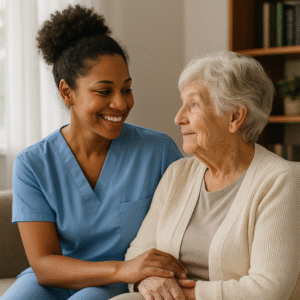 Caregiver providing compassionate Alzheimer’s and dementia support to senior in Houston home.