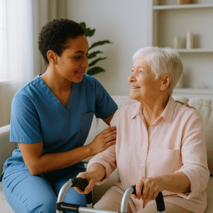 Caregiver in Houston helping elderly woman with mobility support at home