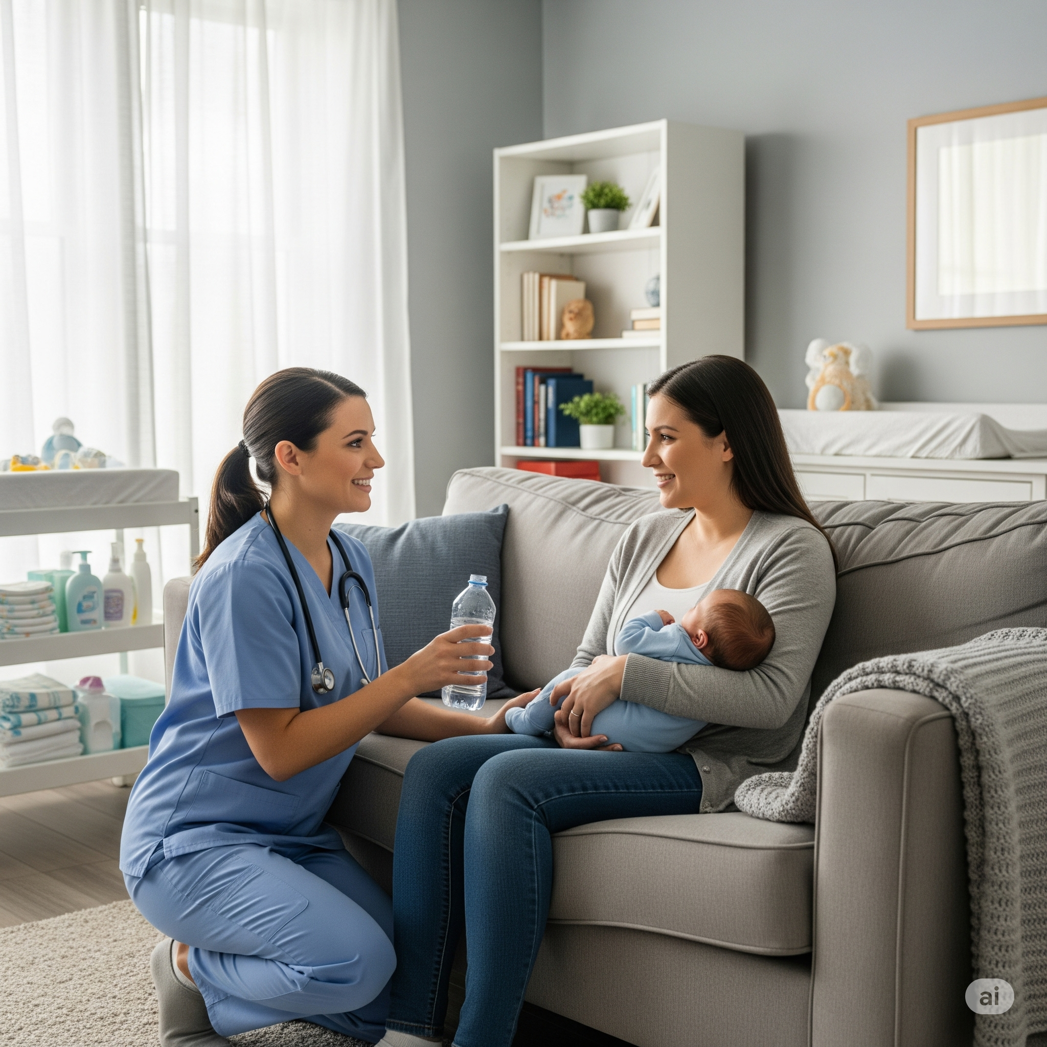 Nurse providing in-home maternity support to new mother, assisting with infant care and hydration in a cozy living room setting.