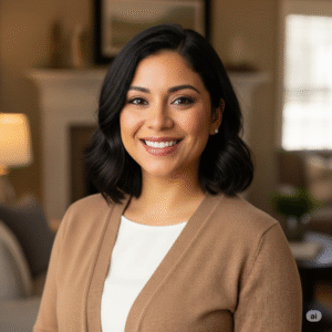 Smiling caregiver in a cozy home setting, wearing a beige cardigan, representing Prolific Life's compassionate and dedicated home care team.