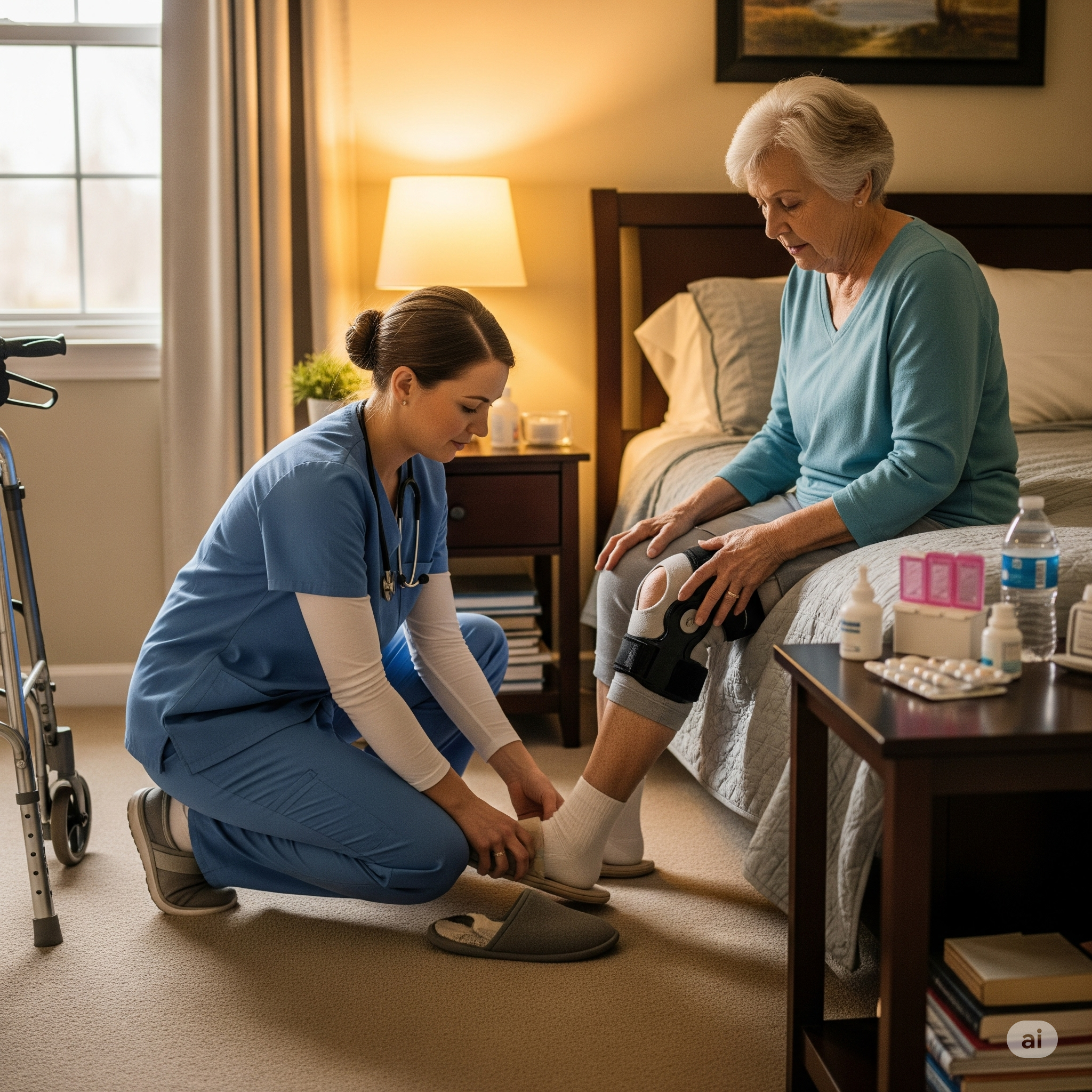 Care professional assisting senior woman with knee brace in cozy home setting, emphasizing post-operative care and recovery support.