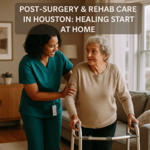 Prolific Life caregiver providing post-surgery rehabilitation support in Houston home.