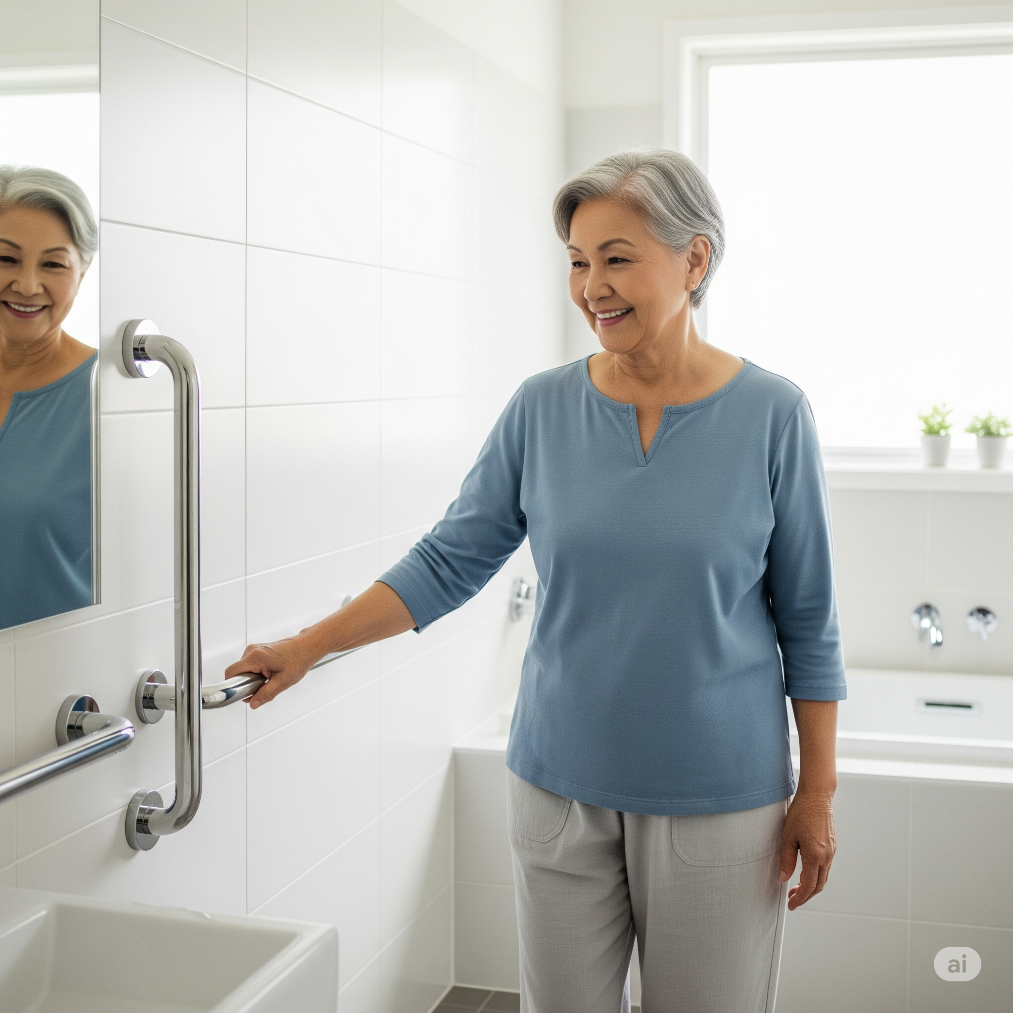 Senior woman using grab bar in bathroom, promoting safety and independence in bathing; relevant to Prolific Life Home Care's hygiene assistance services.