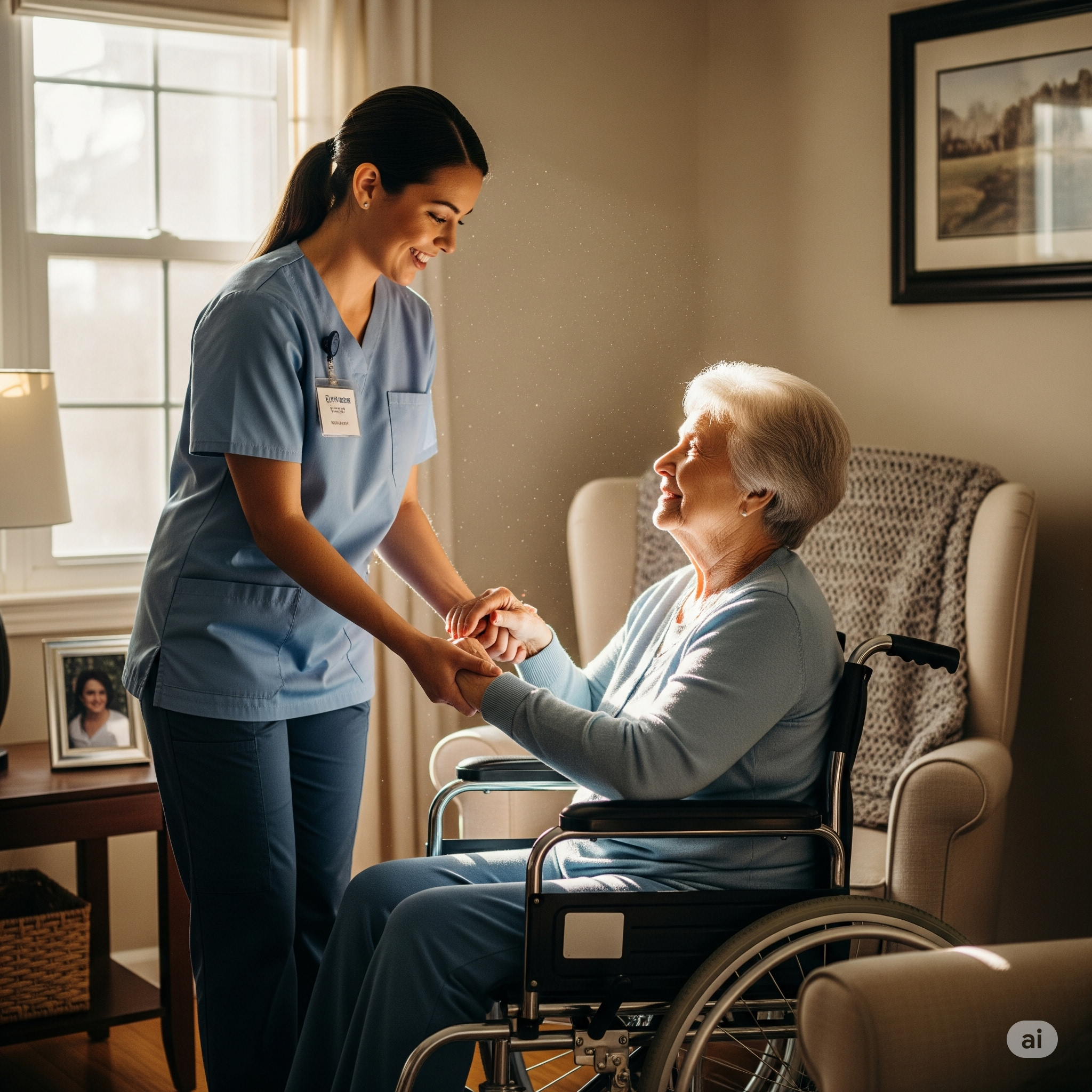 Senior & Disabled Care at Home Care professional assisting senior woman in wheelchair, providing support and companionship in a home setting, emphasizing dignity and independence in senior care services.