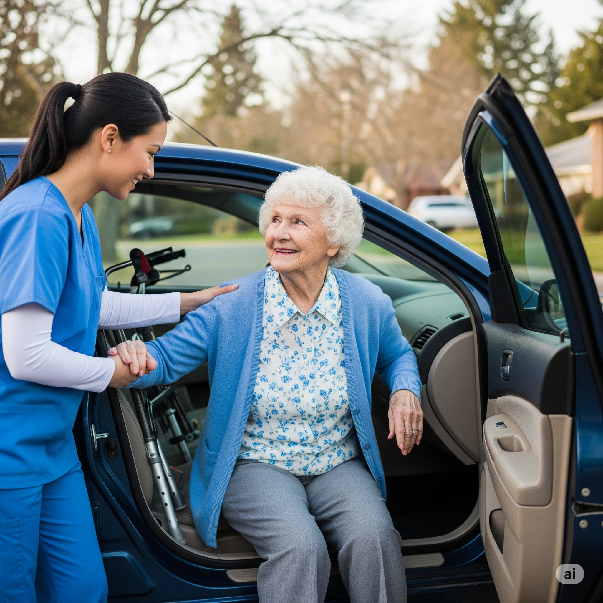 Care professional assisting senior woman entering a car, promoting mobility support and transportation services for seniors.