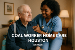 Coal worker receiving home care in Houston, nurse assisting with oxygen therapy, DCMWC support for coal miners' health.