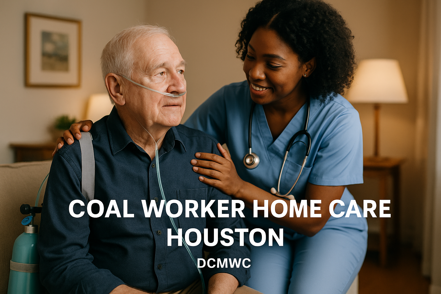 Senior male coal worker receiving home care in Houston, assisted by a female caregiver in scrubs, focused on respiratory health, DCMWC authorized services.