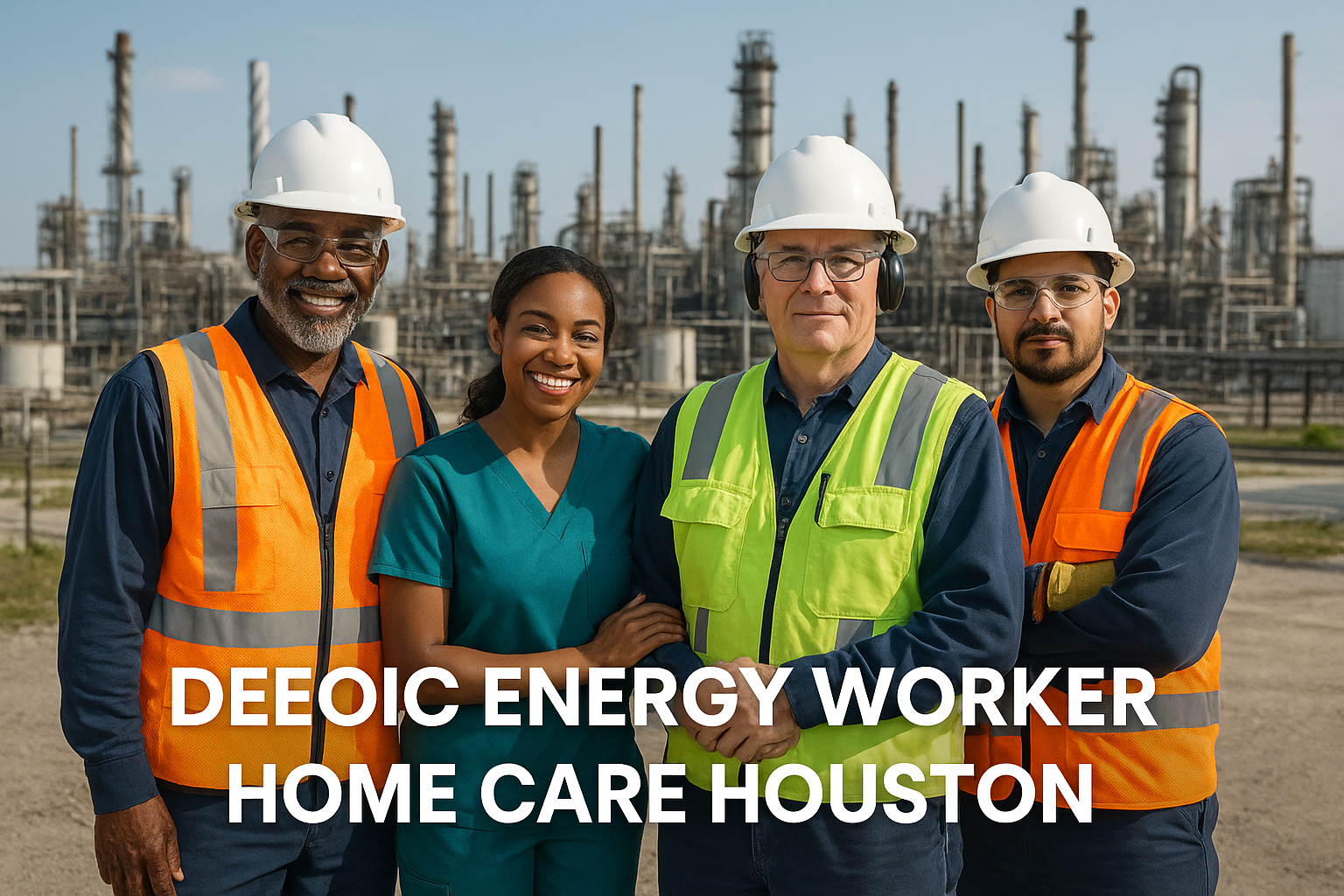 DEEOIC energy workers and home care provider team in Houston, featuring diverse professionals in safety gear, with industrial facility backdrop.