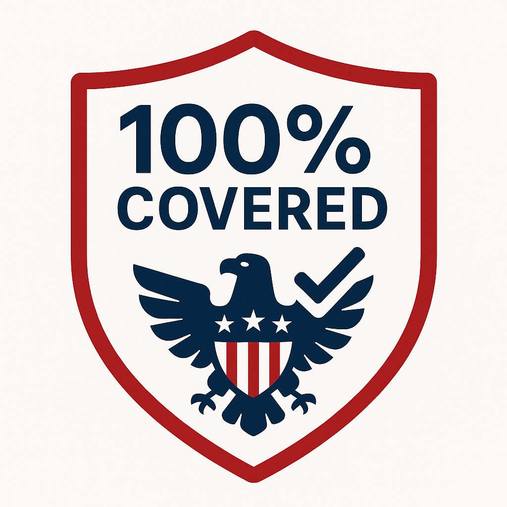 federal_coverage_icon 100% Covered badge featuring an eagle emblem, symbolizing federal insurance acceptance for home care services at Prolific Life, including TRICARE, OWCP, DEEOIC, and DCMWC.