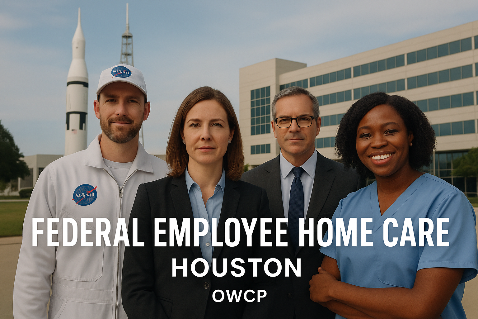 Federal employee home care team in front of NASA facility, featuring diverse professionals in healthcare and space attire, emphasizing OWCP services for Houston federal workers.