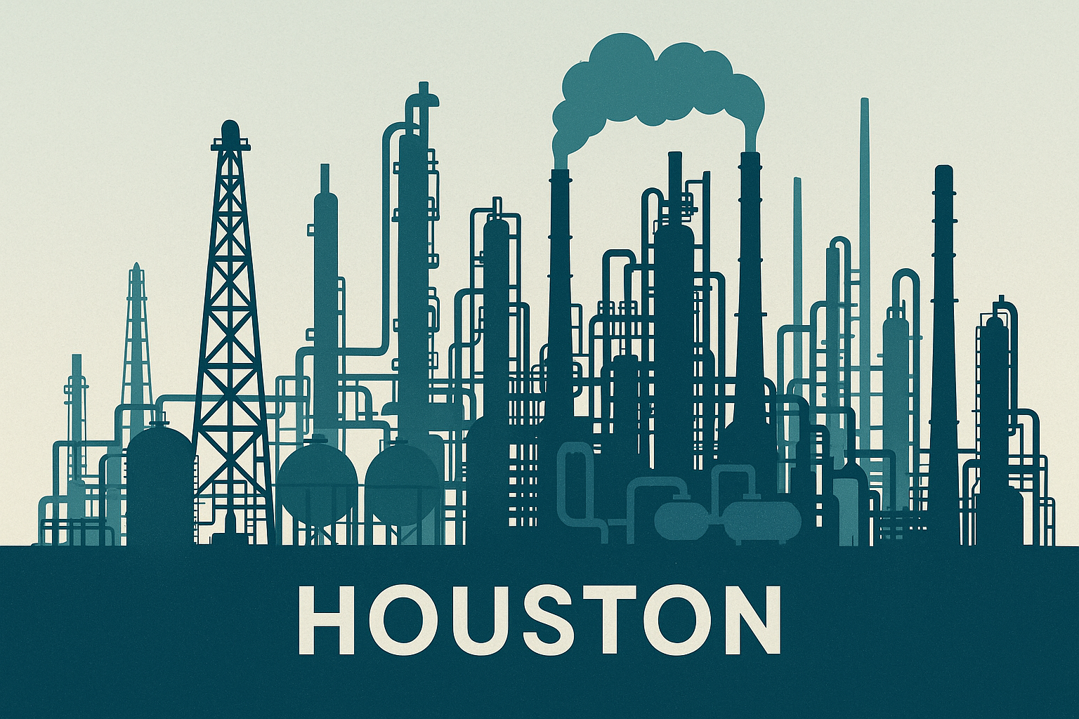 houston_energy_skyline Houston skyline silhouette featuring industrial structures, oil rigs, and smokestacks, representing the energy sector relevant to federal employees and energy workers.