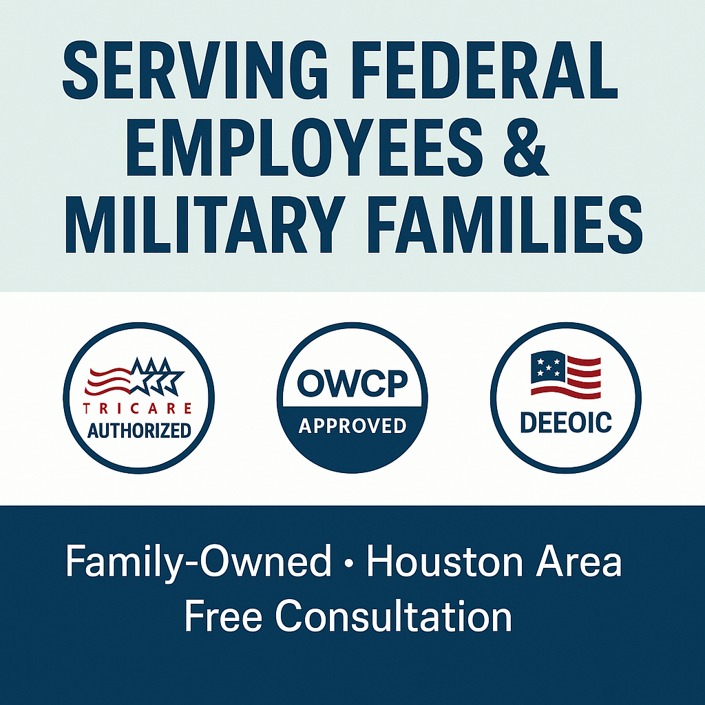 prolific_life_federal_announcement Serving federal employees and military families, TRICARE authorized, OWCP approved, DEEOIC logo, family-owned, Houston area, free consultation.