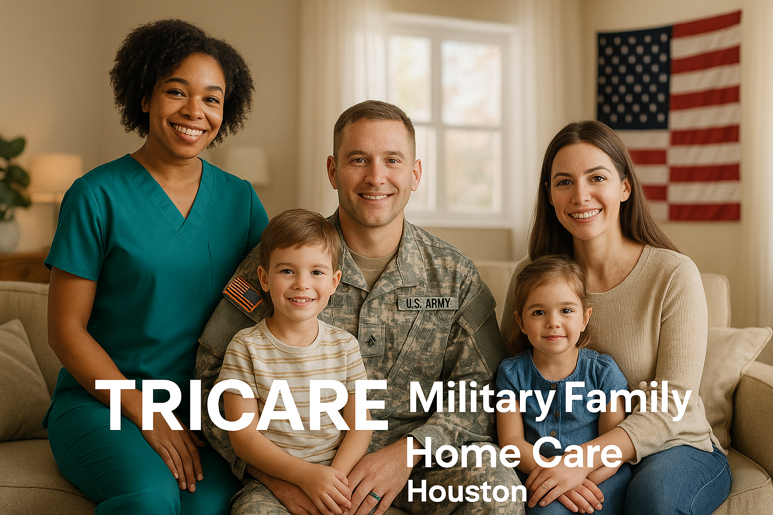 TRICARE Military Family Home Care services in Houston, featuring a smiling military family with a caregiver, emphasizing support for military families and compassionate home care.